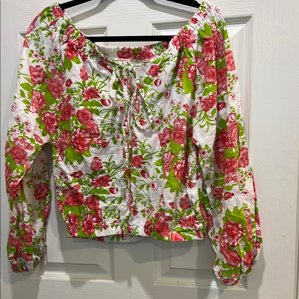 Floral Linen Off-Shoulder Top - White, Red, Green-